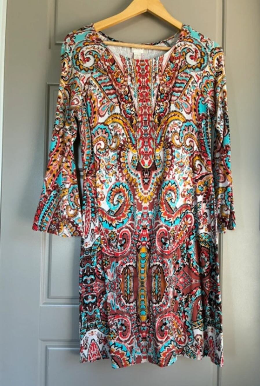 Chico's stretchy abstract retro paisley boho hippie fit and flare dress